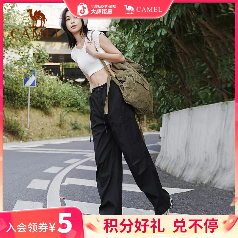 骆驼降落伞工装裤运动长裤女欧若风高腰垂感美式风束脚阔腿伞兵裤