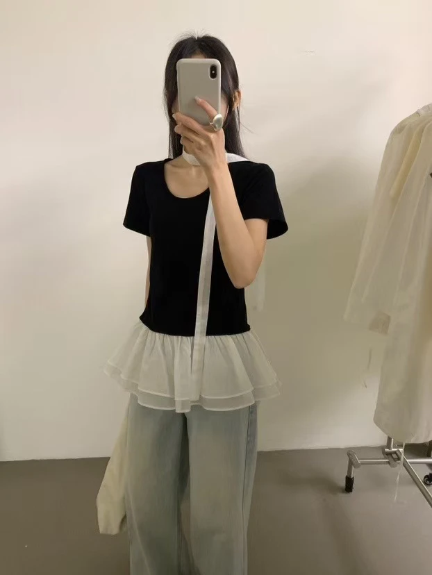 lovely@Z6088 韩系百搭圆领蕾丝花边下摆短袖T 6-22