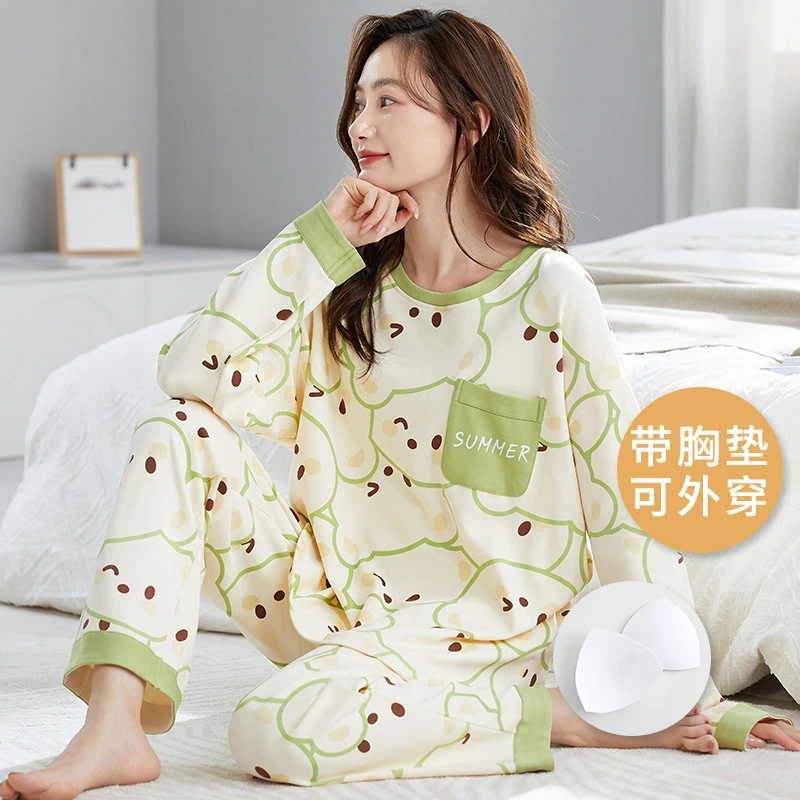 秋季新款睡衣女套装圆领休闲带胸垫长袖长裤甜美家居服可外穿女秋