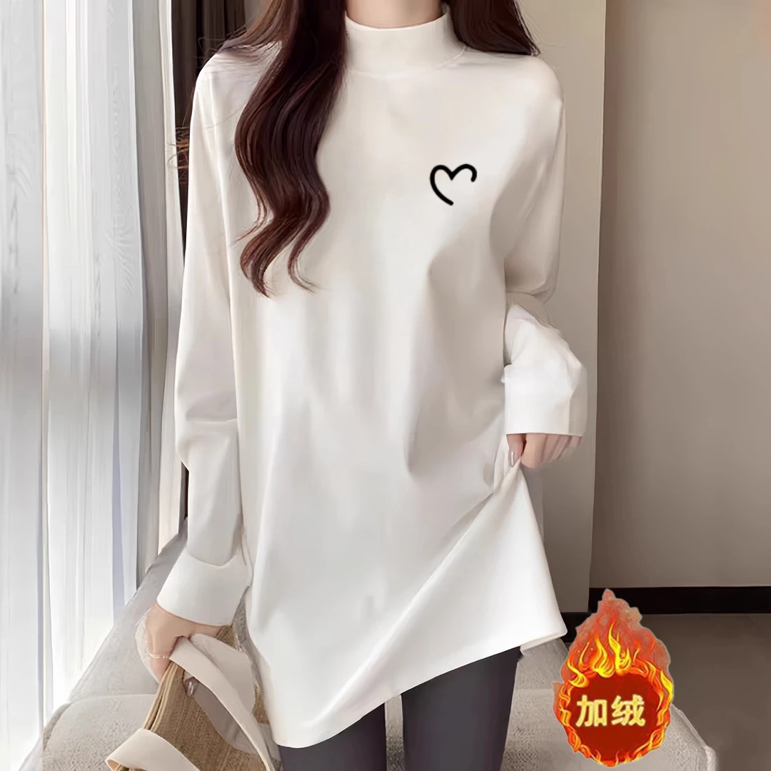 简约白色长袖半高领中长款T恤女2025秋冬新款加绒宽松遮臀打底衫