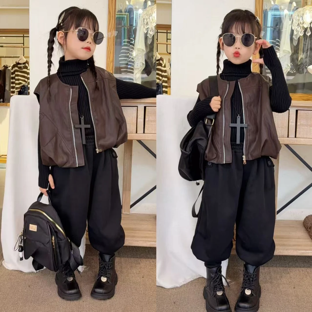 女童春秋休闲套装2025新款韩版洋气女孩皮衣马甲黑色休闲裤两件套