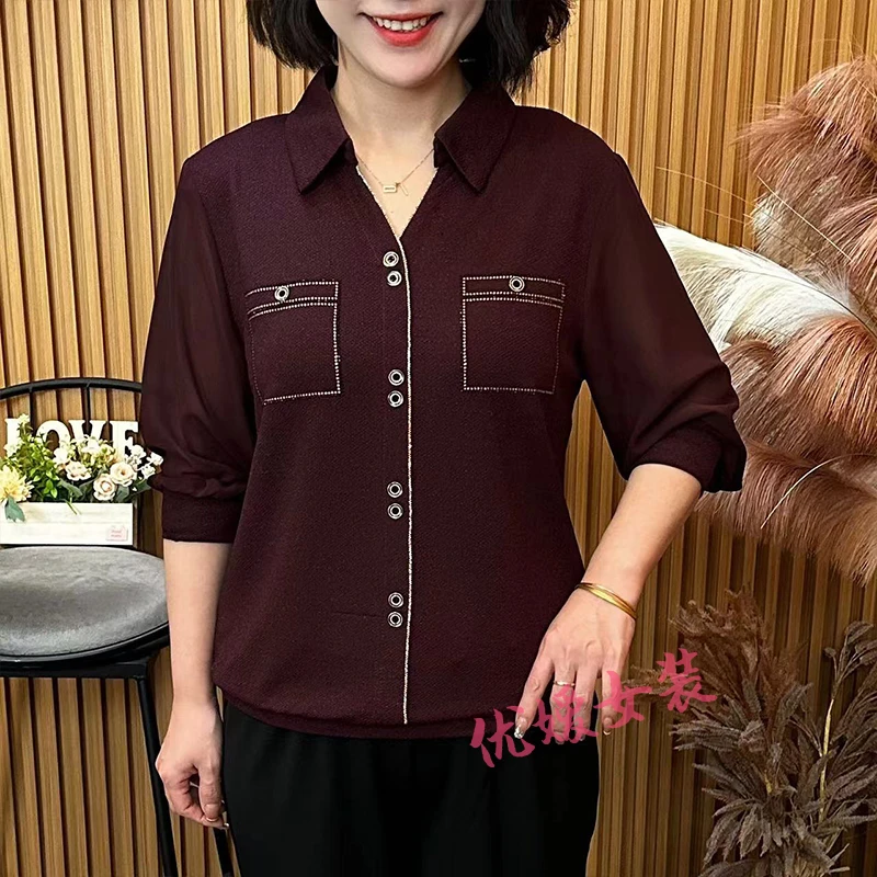 妈妈装春季新款时尚翻领烫钻显瘦百搭遮肚中老年女装长袖上衣A820
