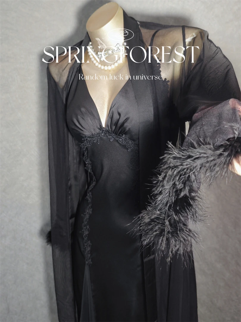 高级感深V低胸轻奢顺滑缎面睡裙网纱外袍女家居服套装