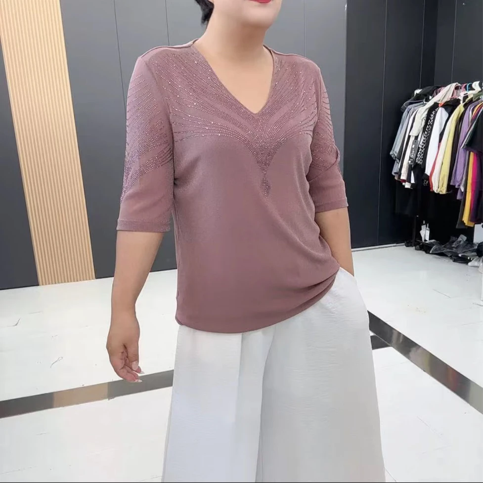 秋季大码纯色重工烫钻显瘦百搭中袖衫蕾丝气质针织时尚休闲-3126