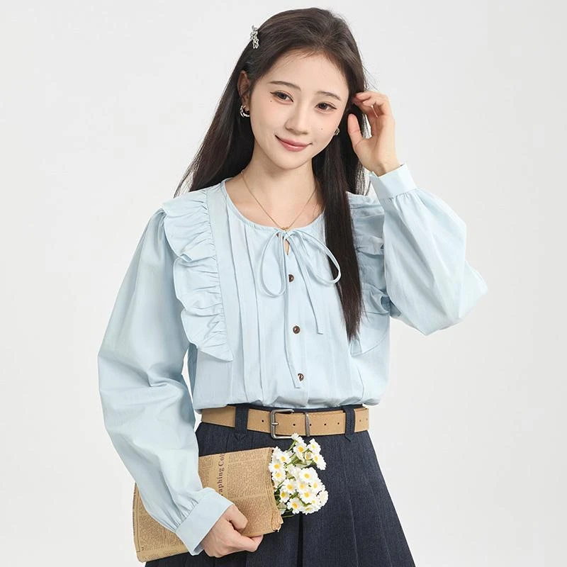 慕兔法式气质圆领木耳边系带衬衫女2025新款春季宽松蓝色长袖上衣