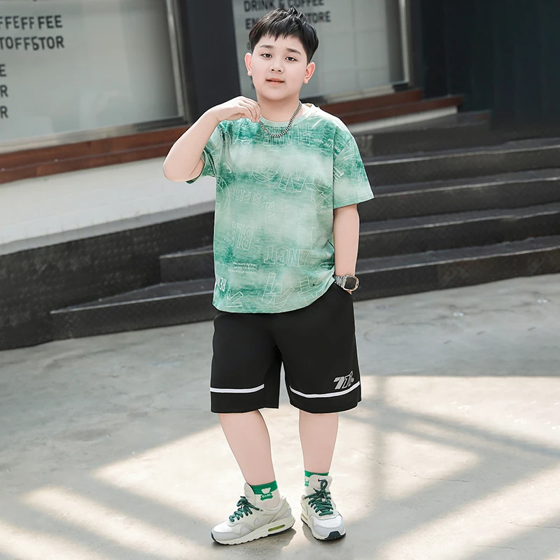 胖童装夏季套装中大童胖男孩加肥加大宽松大码短袖短裤新款两件套