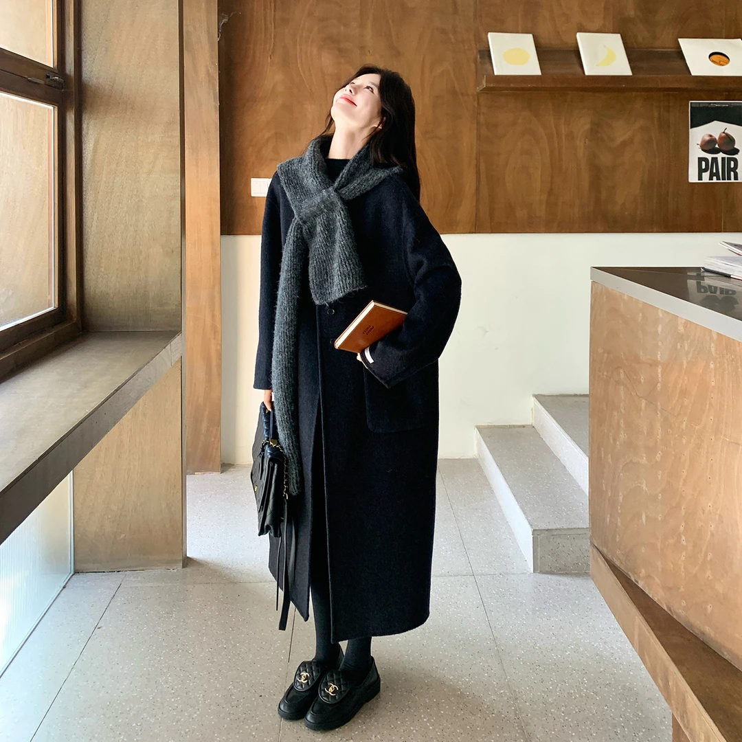 黑色显瘦气质感双面呢外套女2025新款韩版冬季中长款圆领羊毛大衣
