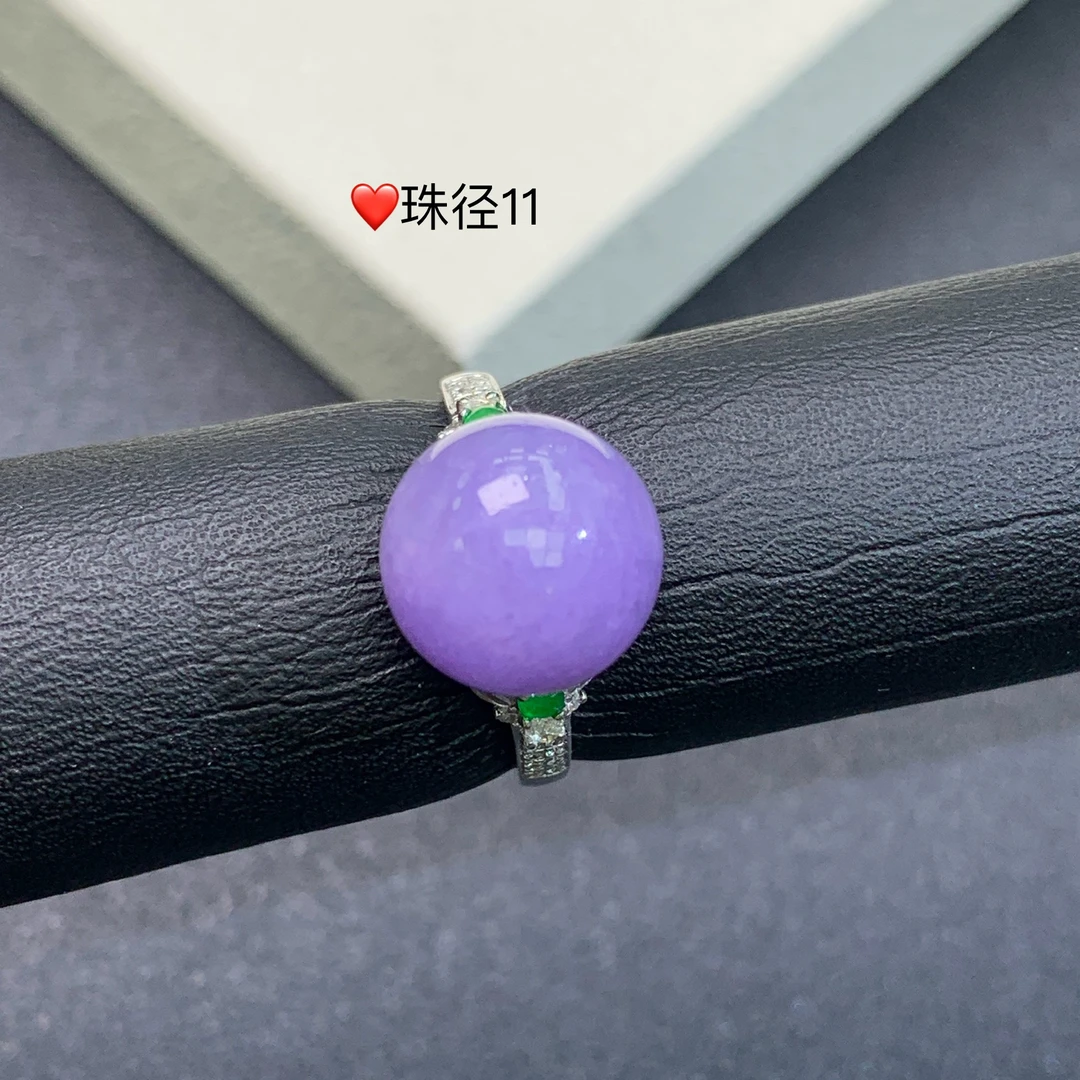 新品推荐·18K金浓紫圆珠缅A翡翠玉石戒指气质轻奢满紫