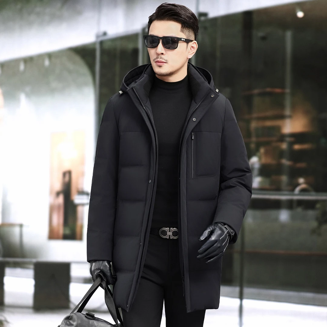 圣努尔秋冬中长款羽绒服男士商务连帽可拆卸内胆加厚中年羽绒服