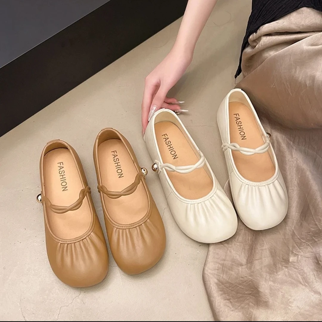 玛丽珍豆豆春夏新款平底懒人褶皱一字奶奶浅口温柔单鞋仙女凉拖鞋