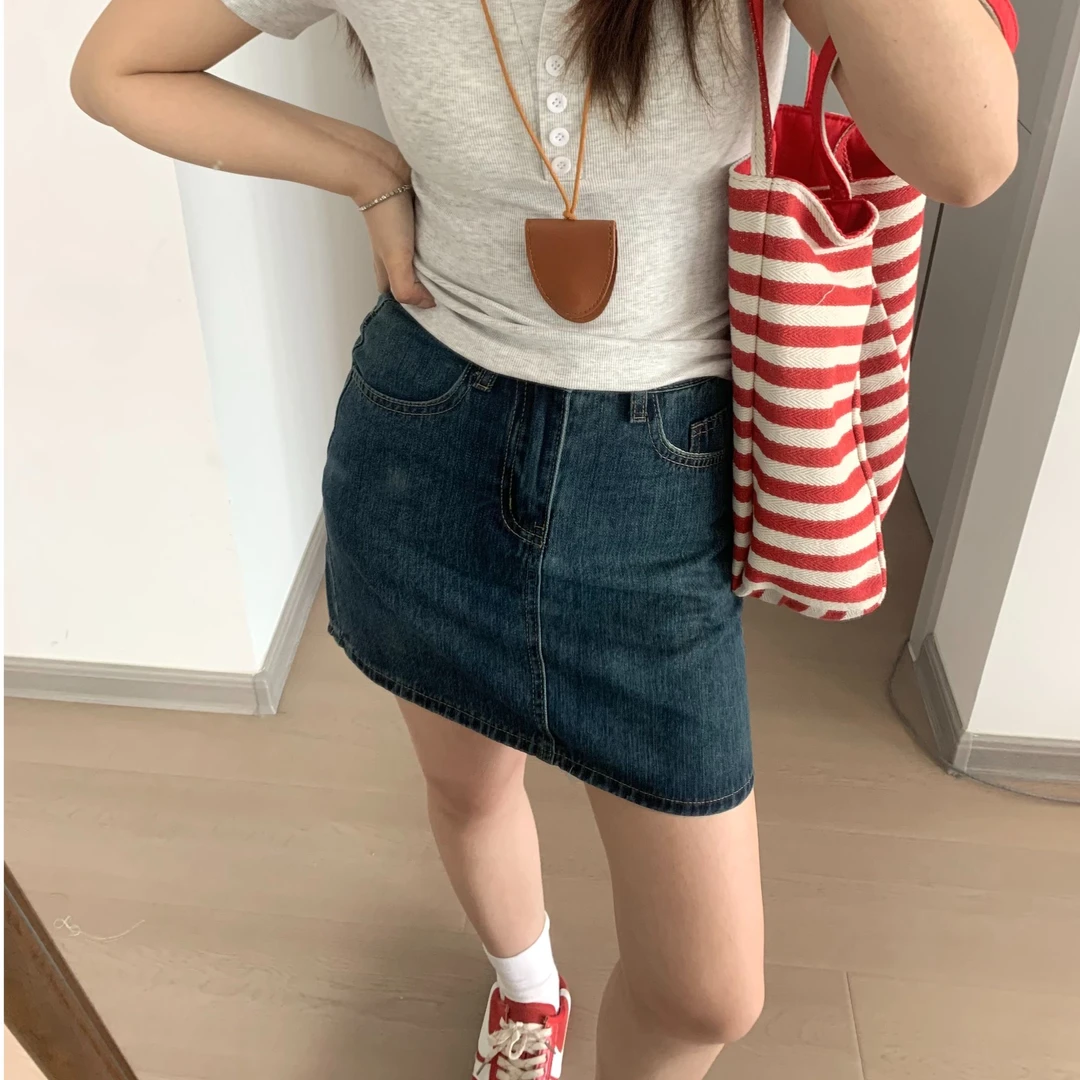 鱼鱼 夏季蕾丝腰带韩系显瘦牛仔短裙裙高腰百搭复古A字短裙设计感