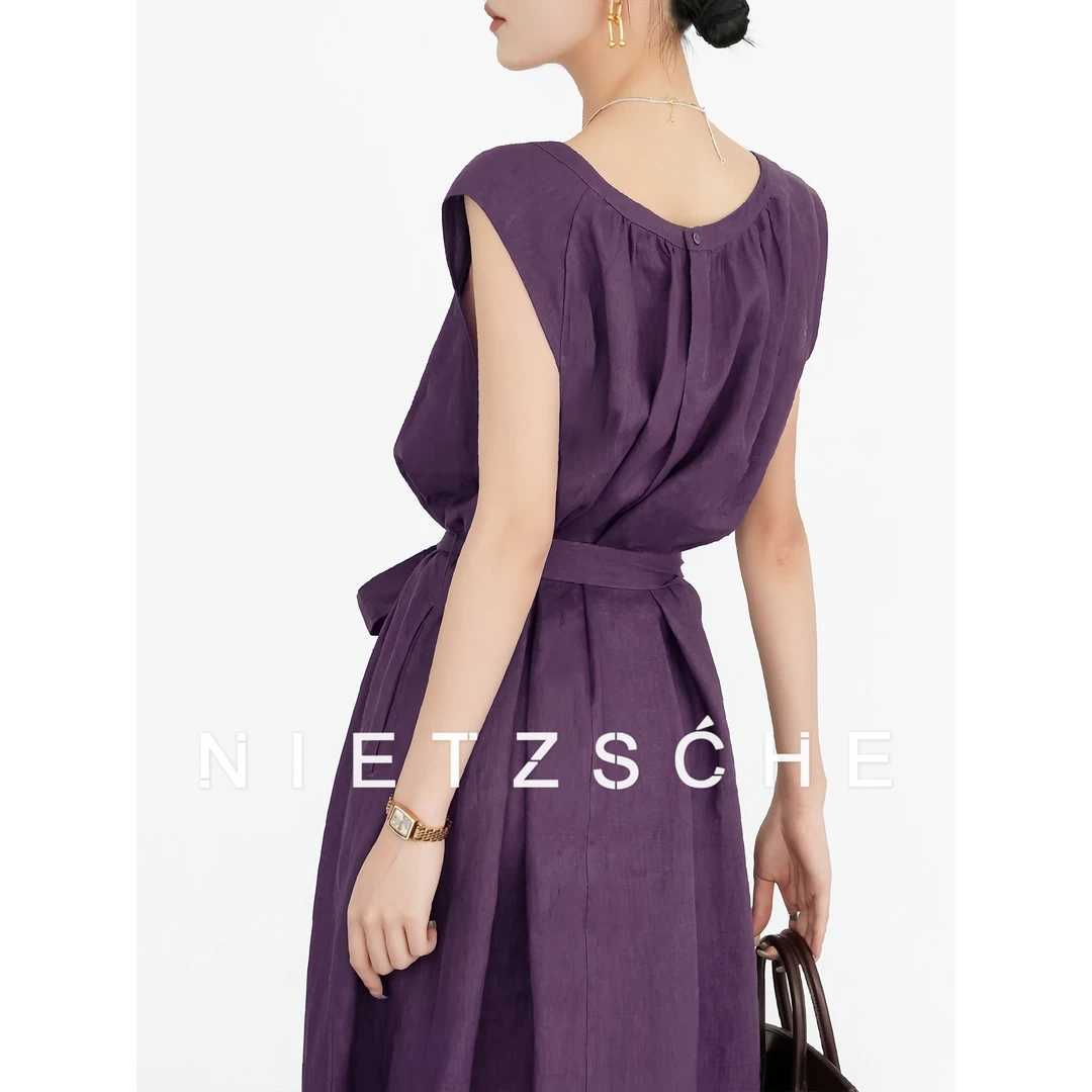Nietzsche|微醺迷蝶紫|1oo%亚麻 超显白!系带显瘦极简连衣裙30001