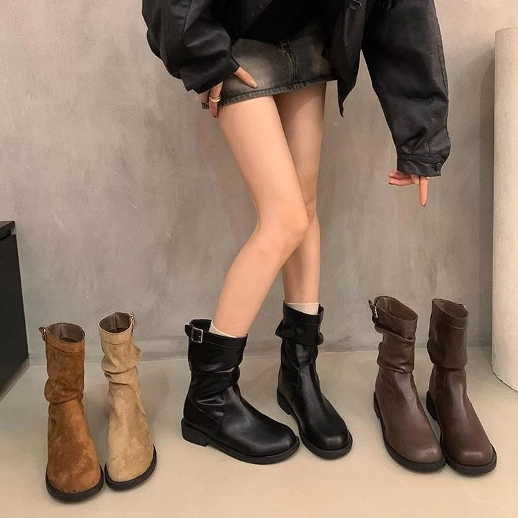 堆堆靴复古棕色短筒靴西部靴女靴子春夏新款