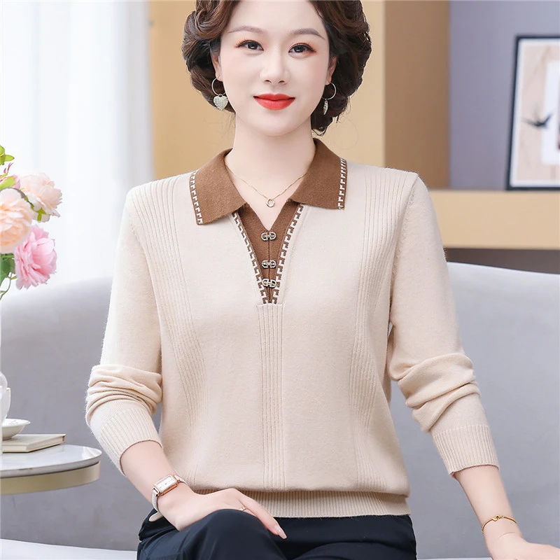 中老年女秋装洋气长袖打底小衫气质妈妈装秋季时尚翻领针织衫上衣