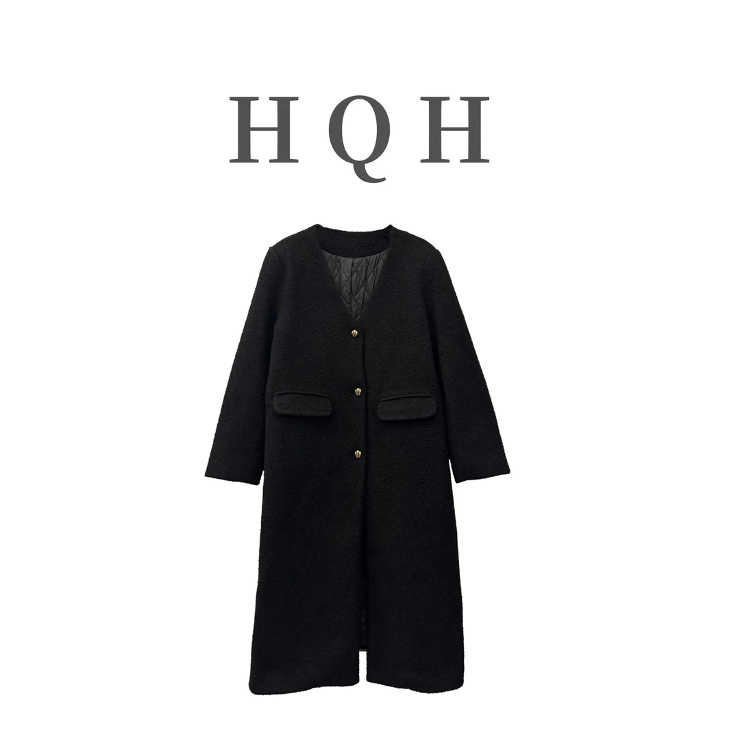 『3065#』轻奢纯色毛呢简约V领加厚保暖气质显瘦长款呢子大衣