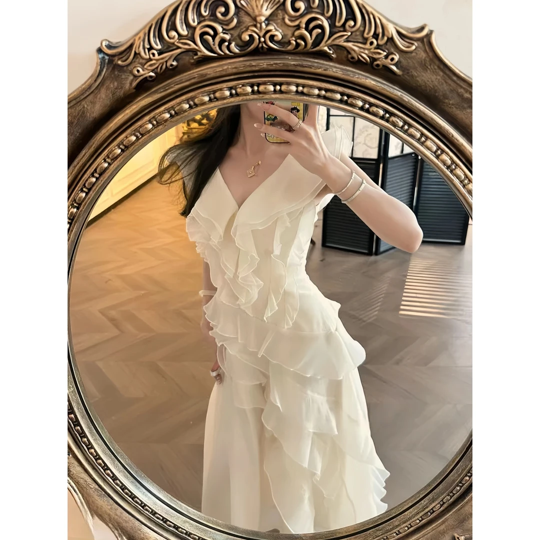 【云边绵阳】不规则设计感荷叶边仙女裙减龄小飞袖法式长裙漂亮