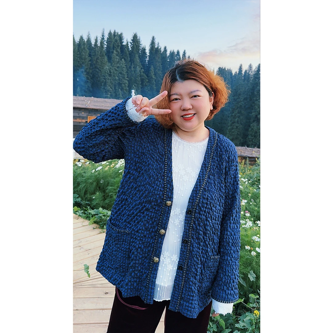 金雀绫【幽蓝秘境】设计师款小香风气质透气加宽加大外套SZA2TL501