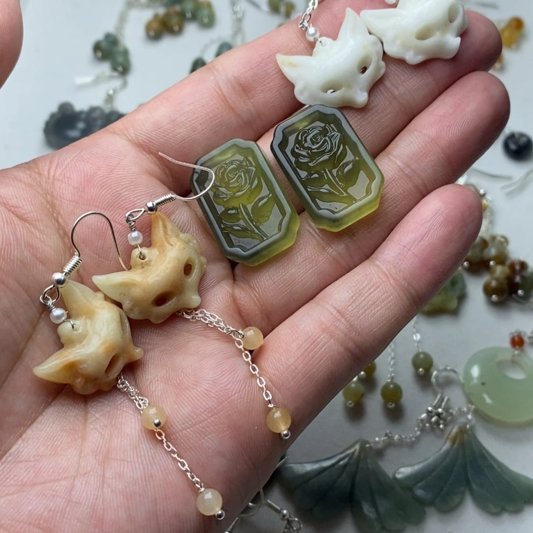 蛇纹石玉耳饰合金❤️****