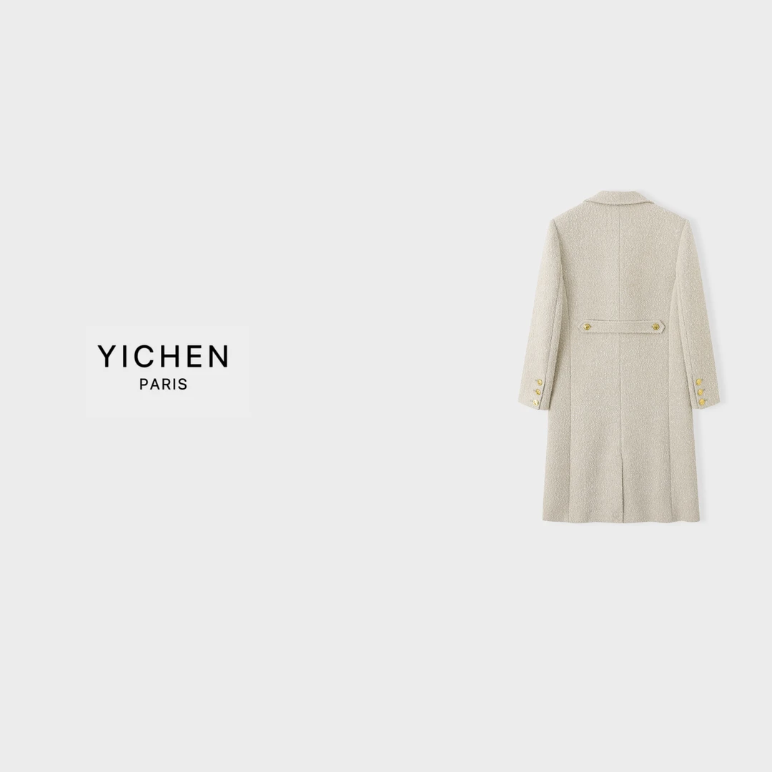 YC 杏色立体软花呢六粒扣宽松中长款羊毛大衣-5193