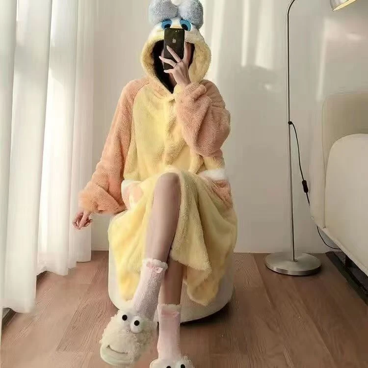F019睡衣女冬加绒加厚中长款睡袍珊瑚绒睡衣网红家居服外穿可爱