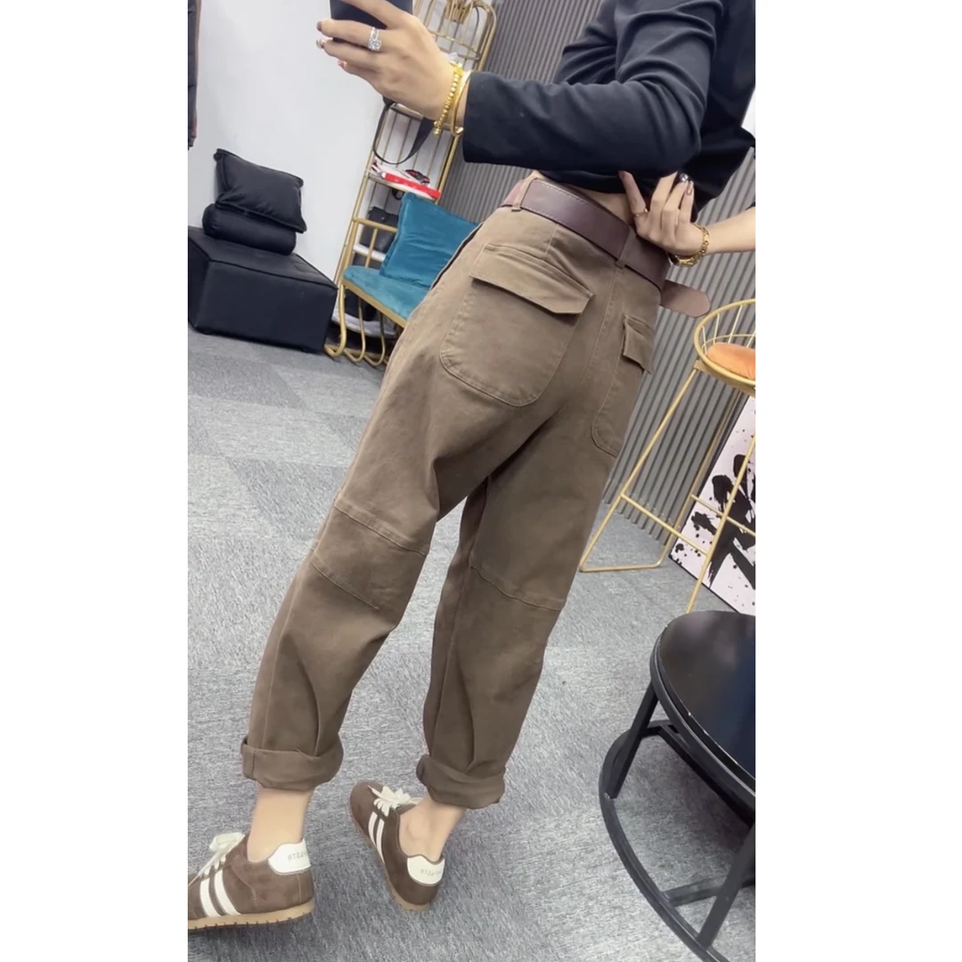 艾塔莉秋季女水洗时尚哈伦裤宽松高腰牛仔裤韩版工装裤纯色萝卜裤