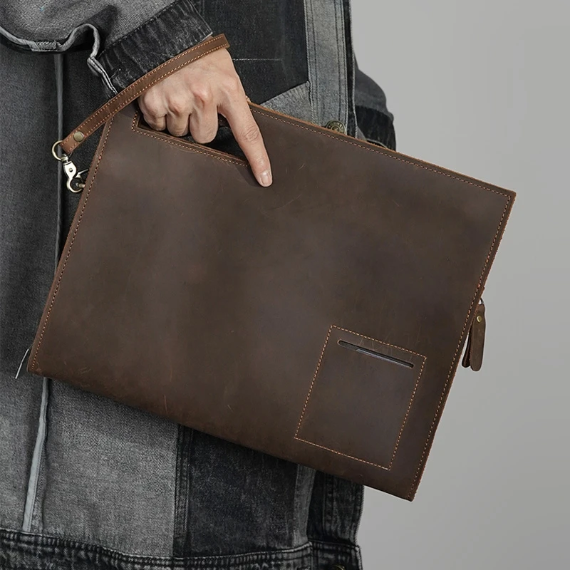 【公文包电脑包】疯马牛皮男士手包潮流复古休闲时尚男款真皮斜跨