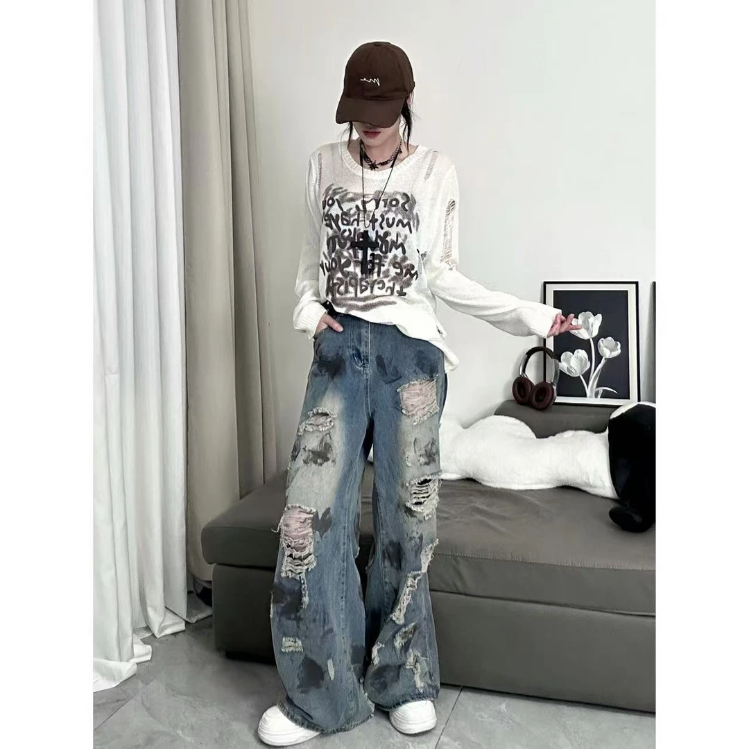 时尚扎染废土风复古破洞牛仔裤女夏季宽松垂感直筒阔腿裤子潮
