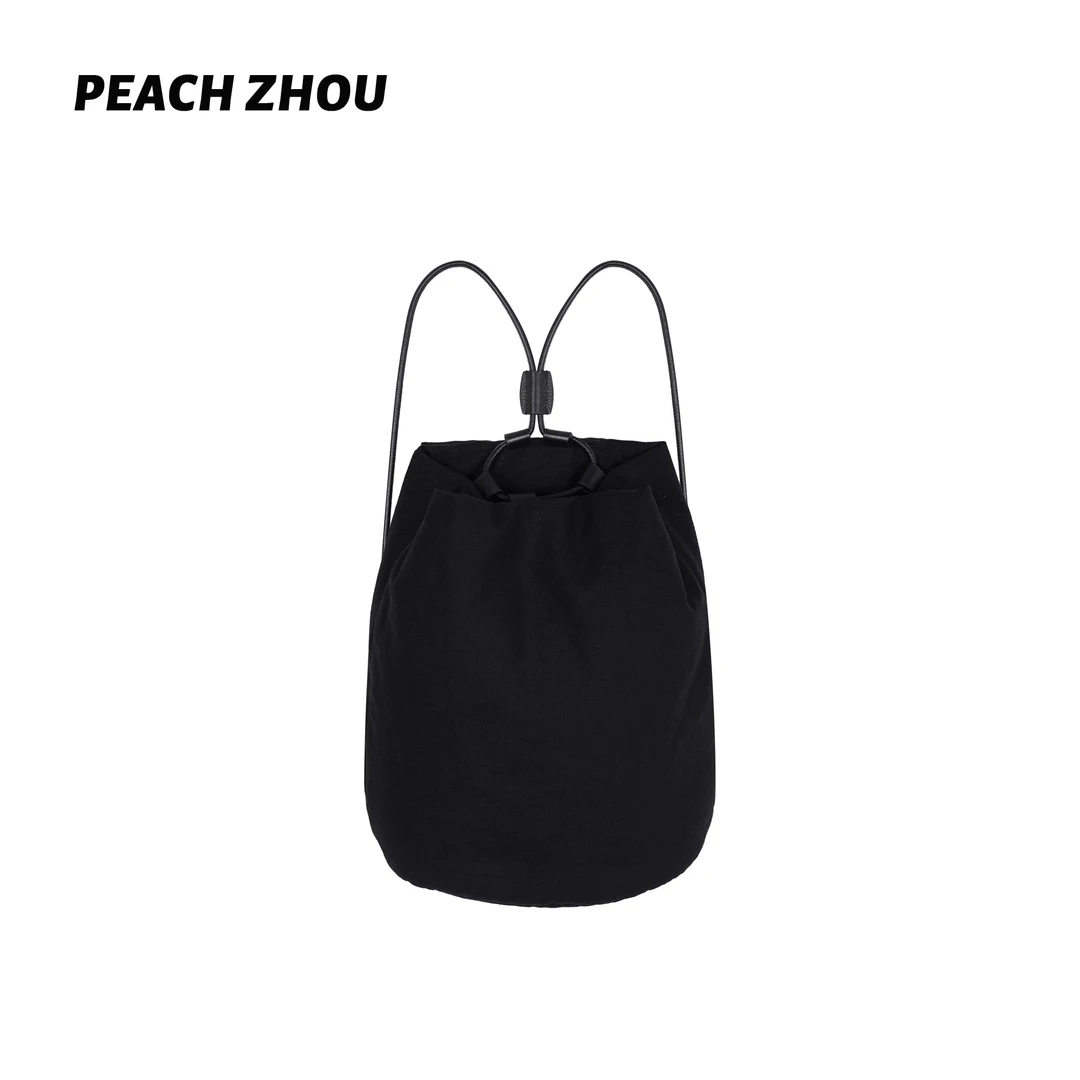 『PEACHZHOU』天然麻极简ROW风头层牛皮水桶包高级感通勤束口双肩包
