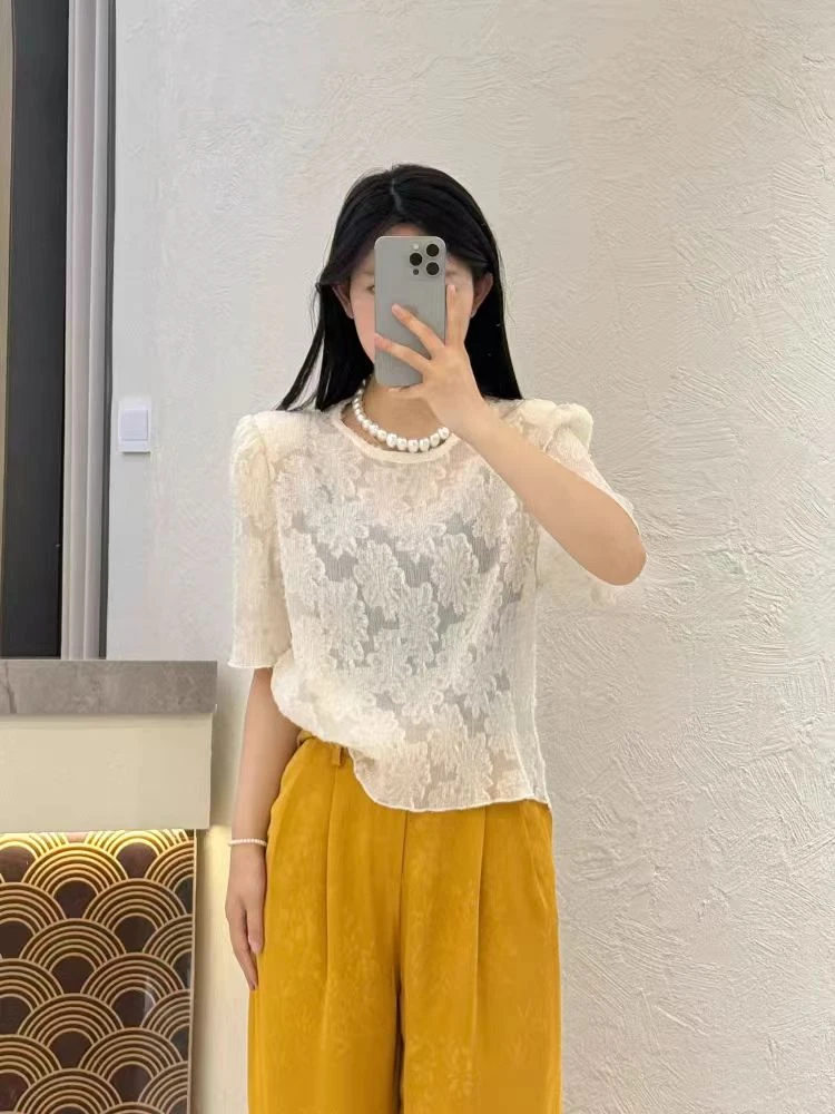 88117女士套头圆领气质常规款镂空T恤显瘦修身型常规短袖T恤