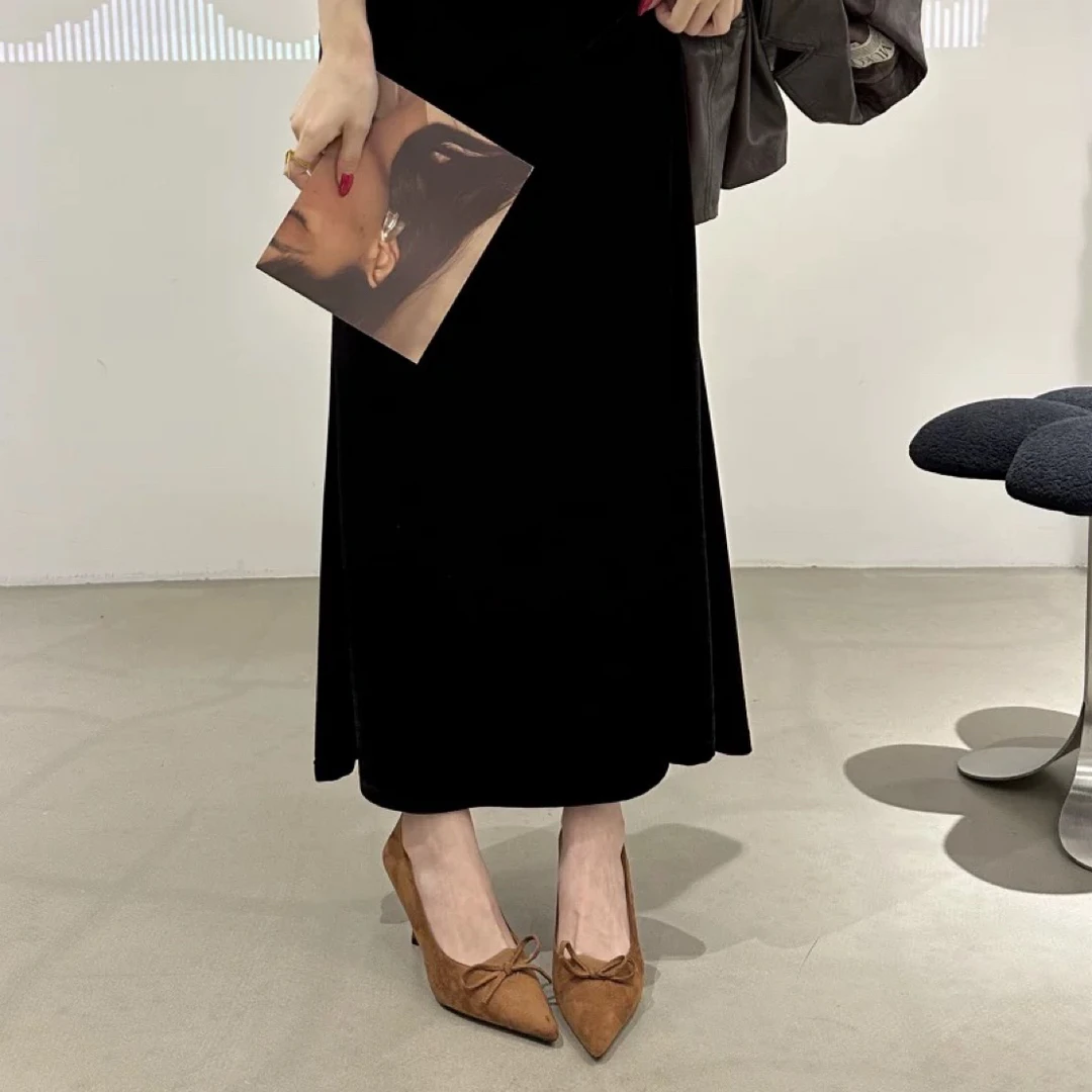 2025复古绒面尖头细跟高跟鞋女浅口蝴蝶结职业通勤工作鞋单鞋