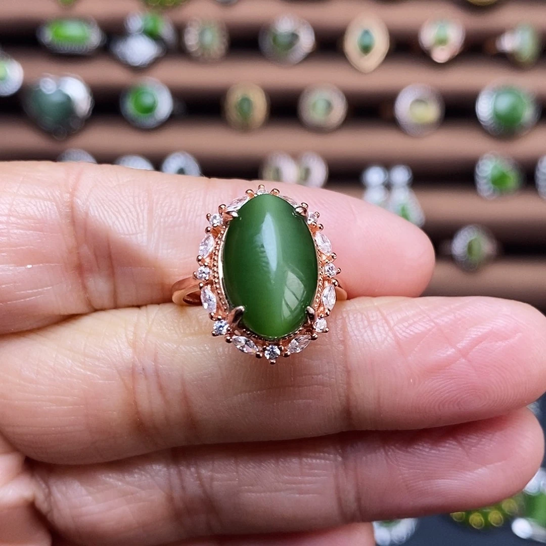 吊坠(不含链)银S925镶嵌和田玉（碧玉）戒指