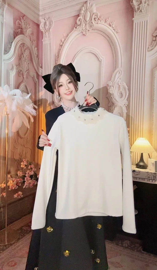 【崔】T0032 半高领蕾丝花边打底衫女小个子甜美秋冬内搭长袖上衣