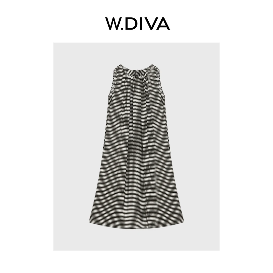 W.Diva【格律】双绉桑蚕丝维希格纹慵懒风背心无袖连衣裙52D262207