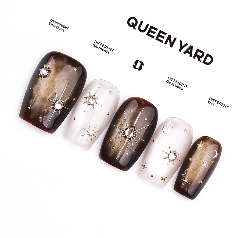 QUEENYARD【茶白星芒】钻石星星猫眼气质美甲2025新款手工穿戴甲