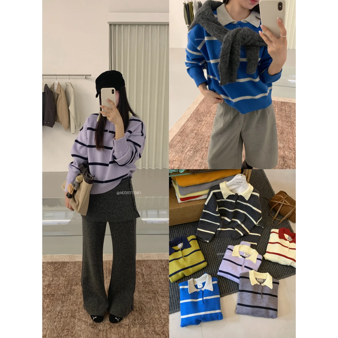 MZI STUDIO-风冬日韩系撞色条纹吸睛色彩Polo领套头保暖毛衣25886