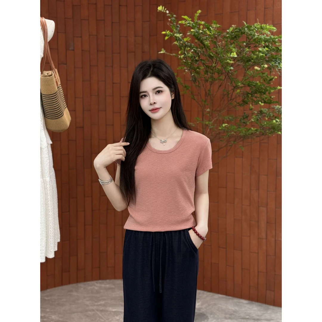 宿慕SUMU 女款纯色圆领短袖T恤5-13夏季2025新款舒适百搭上衣1185