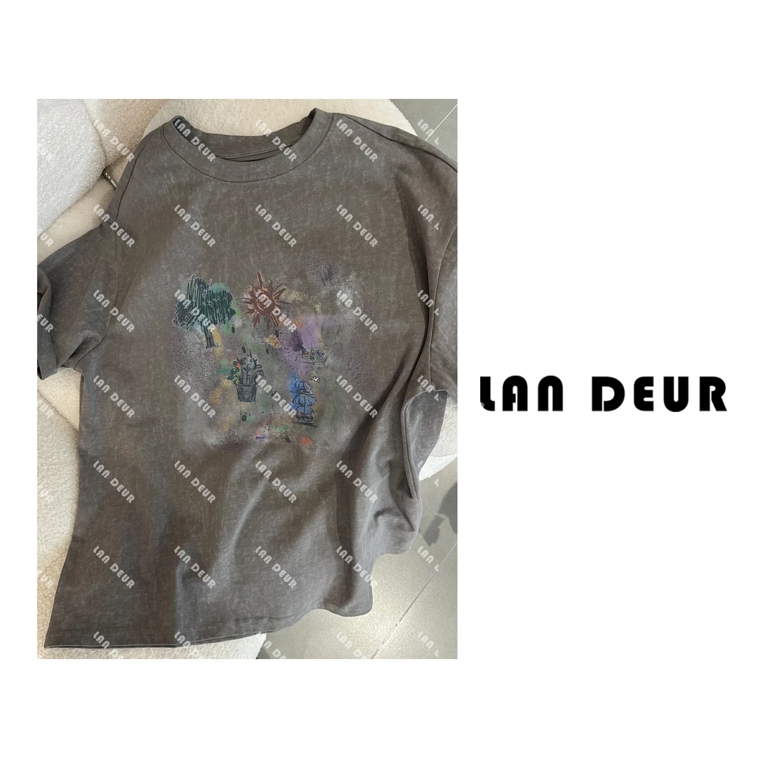 JIUJIU【入梦油画】小众复古水洗印花短袖T恤时尚休闲圆领上衣女