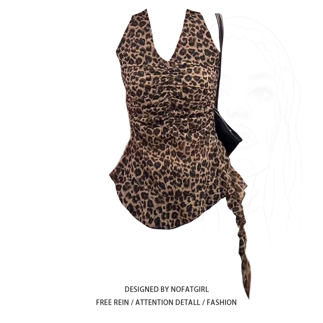 大码胖MM美式辣妹豹纹挂脖v领吊带上衣女夏性感露背时髦无袖背心