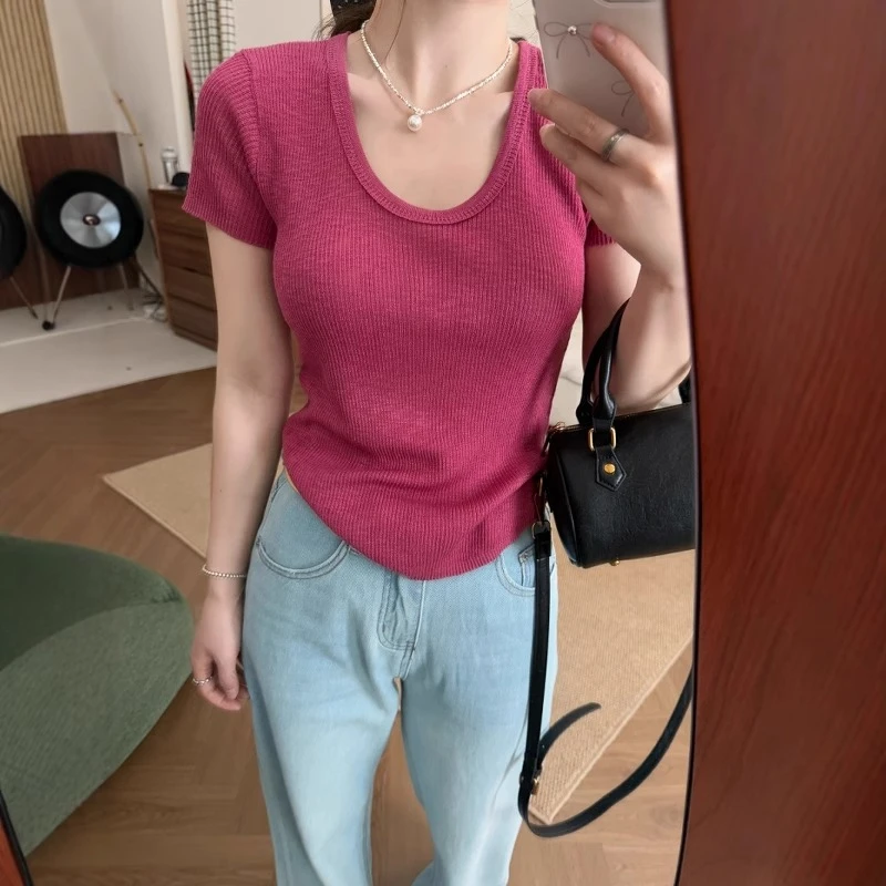 圆领冰丝针织衫短袖t恤女夏季新款显瘦减龄正肩半袖百搭薄款上衣