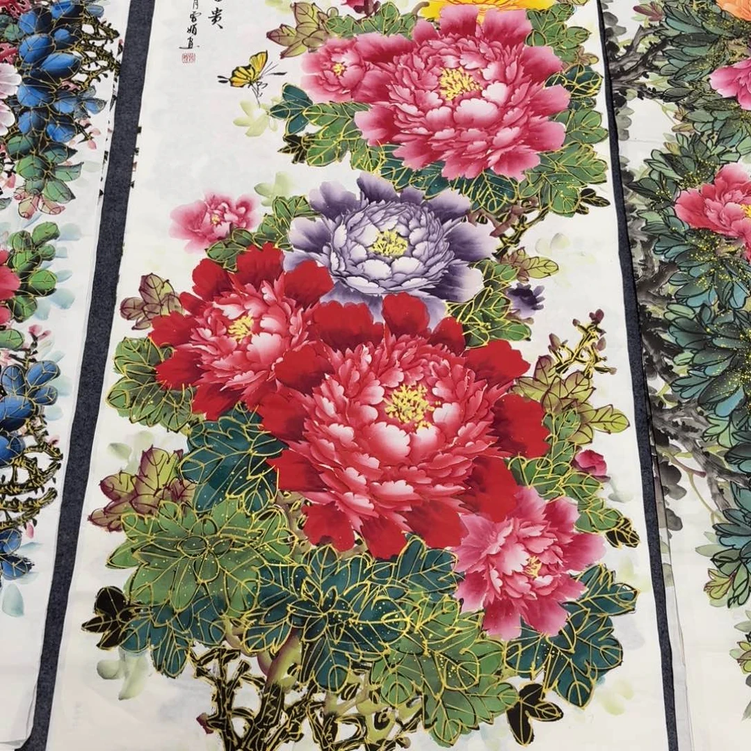 国画140×70千层金线牡丹手绘画画画画