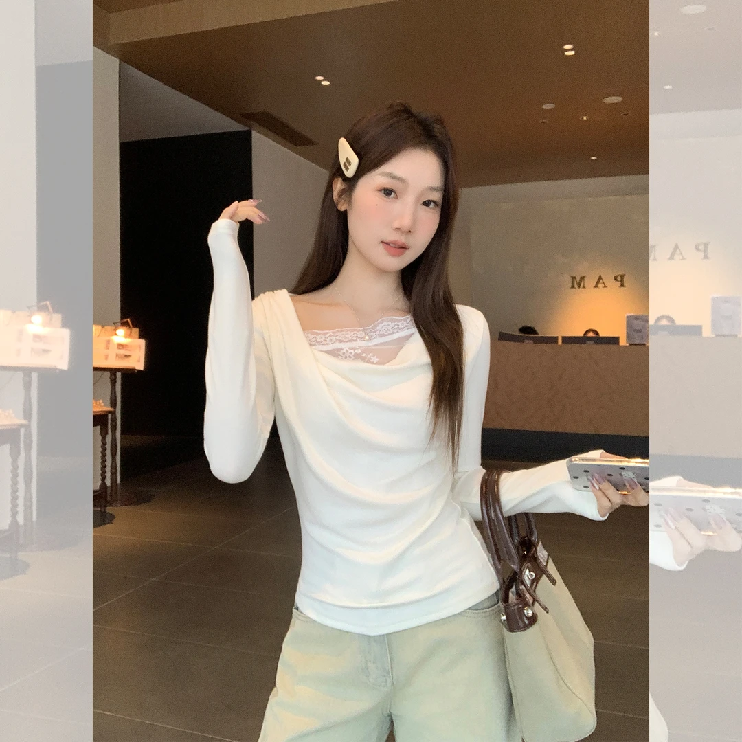 时尚气质韩系不对称蕾丝拼接开叉荡领T恤女早秋显瘦内搭长袖上衣