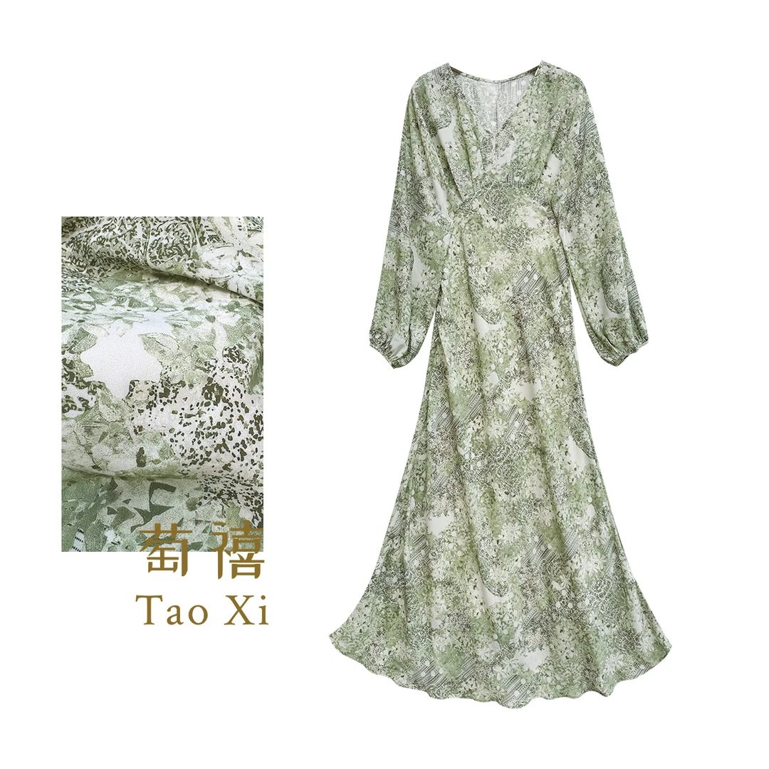 【如果】复古绿碎花桑蚕丝花卉印花落肩连袖显瘦连衣裙TX06QZ1168