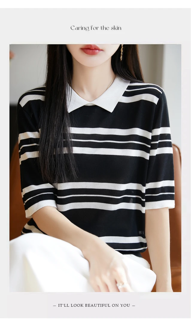 鄂尔多斯市翻领桑蚕丝条纹短袖Tt恤女夏季时尚百搭冰丝针织上衣潮