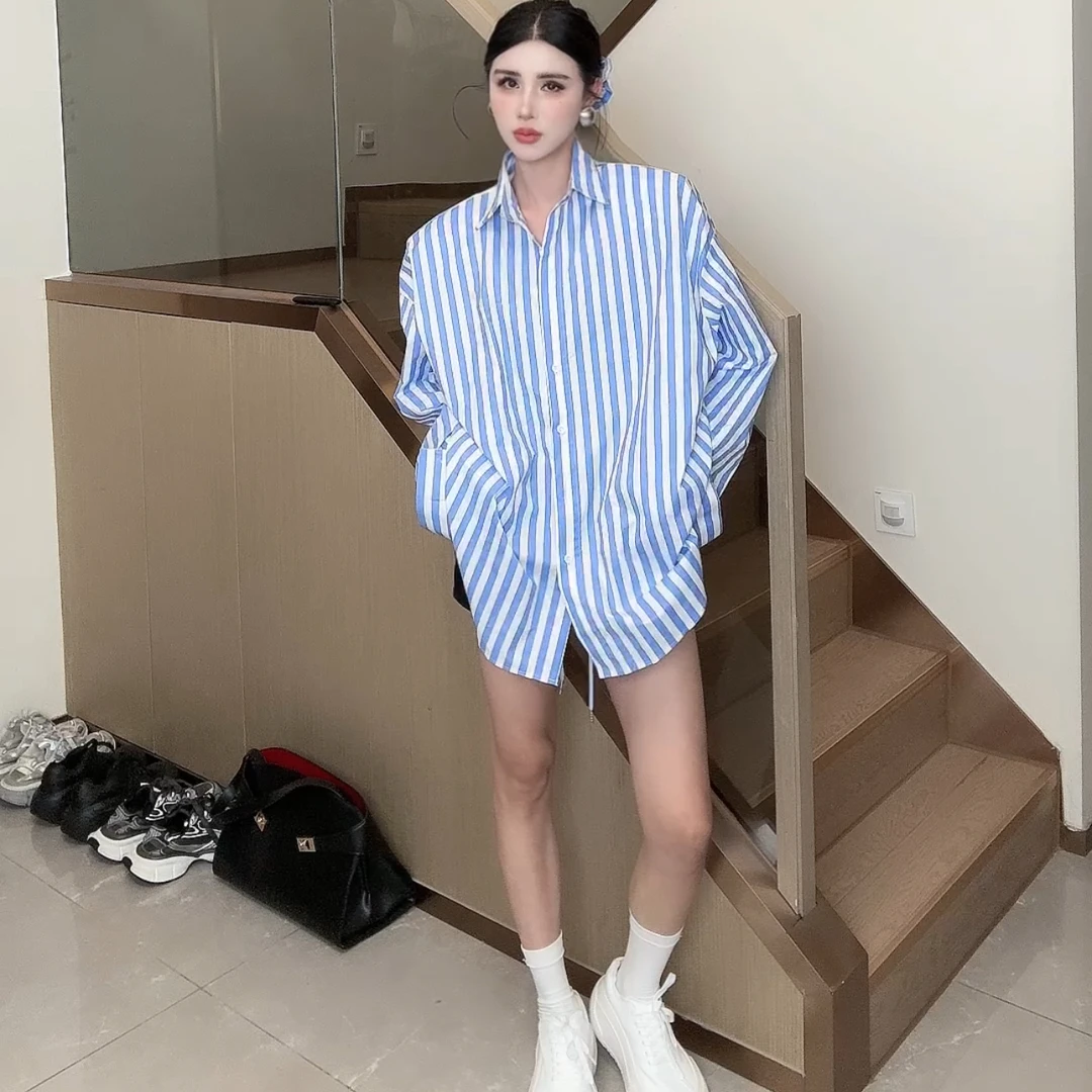 w11-2025新款韩版宽松显瘦百搭条纹衬衫➕发圈