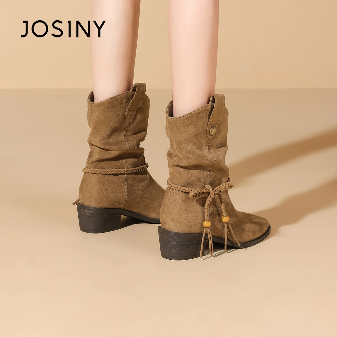 卓诗尼靴子短靴女复古流苏2025秋季新款美拉德棕色堆堆西部瘦瘦靴