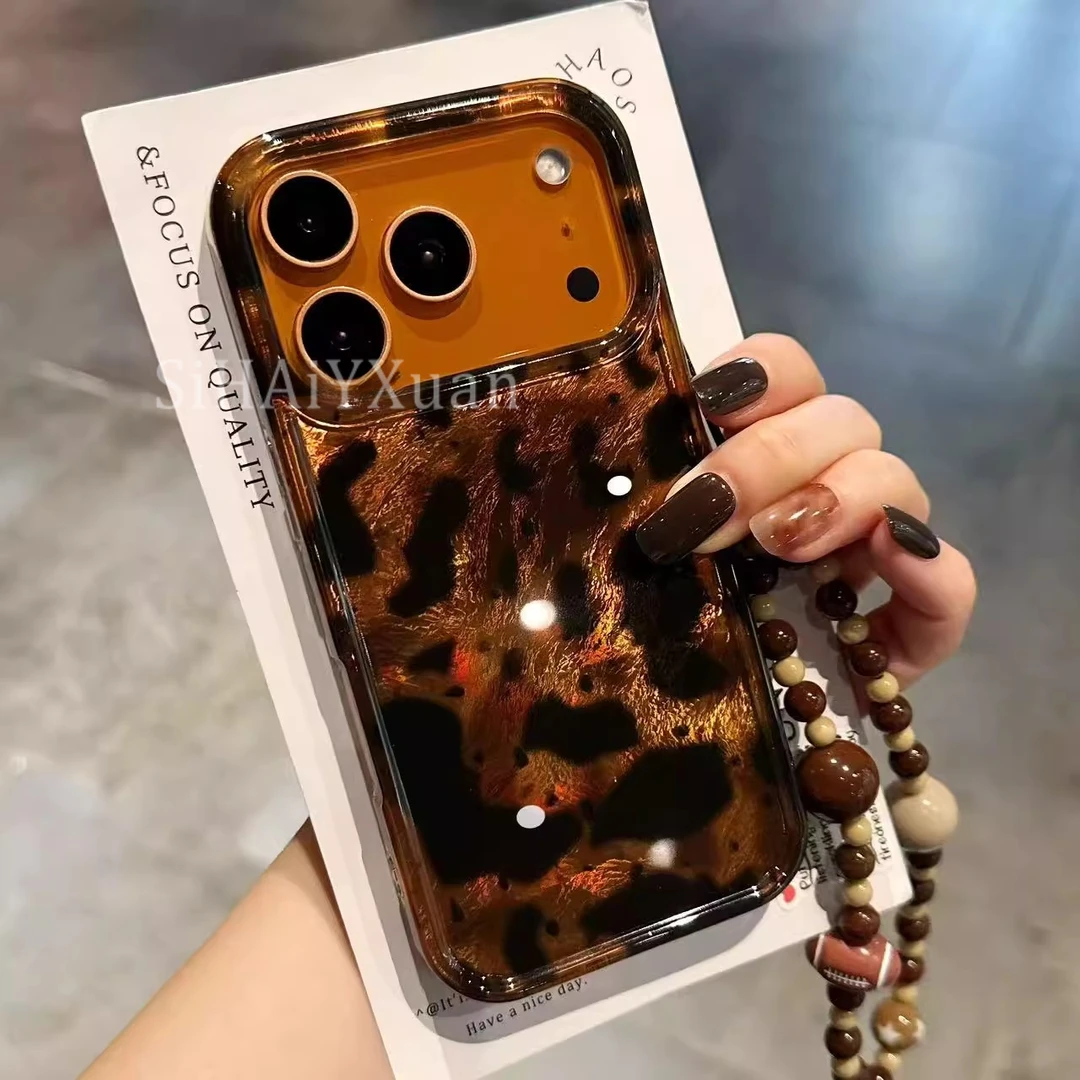 新款棕色豹纹琥珀带挂绳适用iPhone17Pro手机壳小众16promax/15女