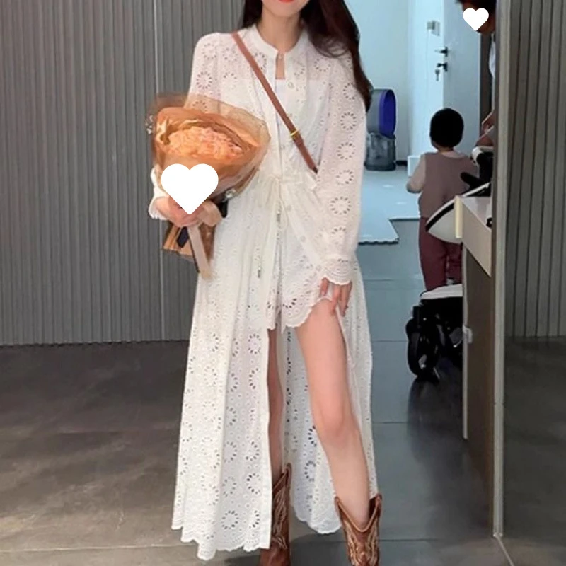 2025春秋新款女设计感小众镂空白色蕾丝裙法式重工长袖连衣裙套装