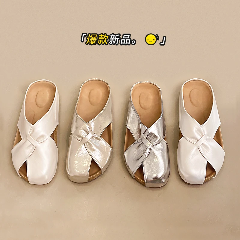 包头半拖鞋女时尚2025新款夏季软皮平底软底气质一脚蹬凉拖鞋女鞋