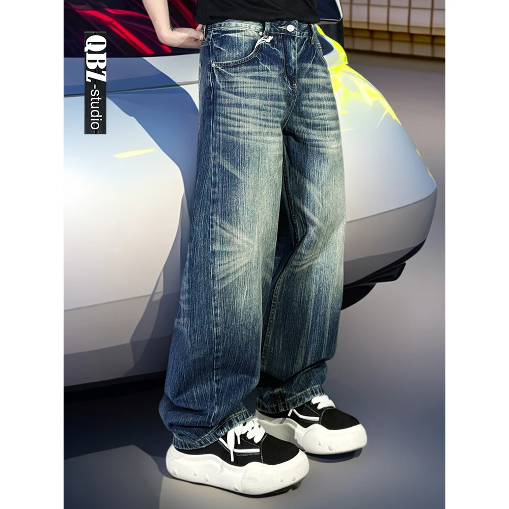 QBZ巴黎复古水洗蓝弯刀牛仔裤男宽松直筒阔腿松弛感休闲老爹长裤