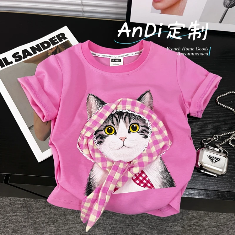 〖ANDI〗安迪订制夏季新款女童韩系立体围巾猫咪时尚短袖4361